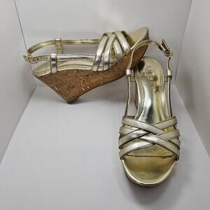 Lauren by Ralph Lauren Gold Metallic Leather Wedge Sandals - US Women's Size 7.5